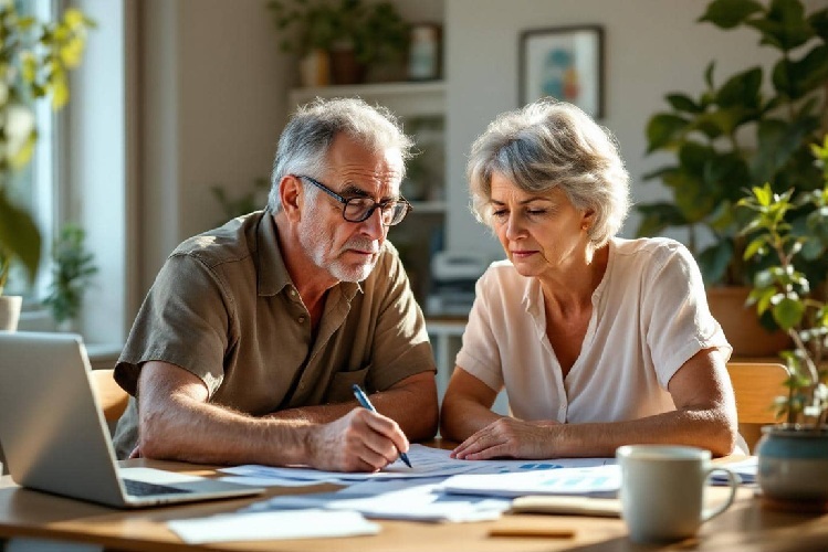 Couple de personnes de plus de 50 ans qui font les comptes ensembles en inscrivant leurs dépenses sur un carnet