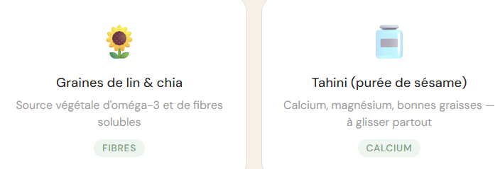 graines de lin, graines de chia , purée de sésame de bonnes graisses pour les plus de 50 ans